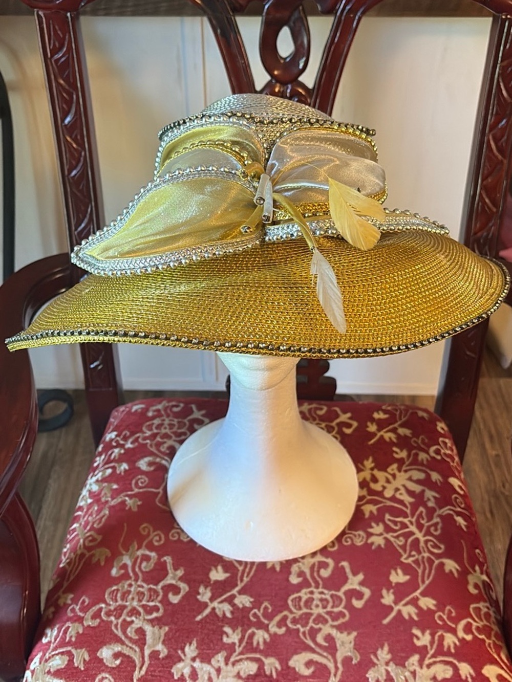 Elegant Yellow Wide-Brim Decorative Ladies Hat